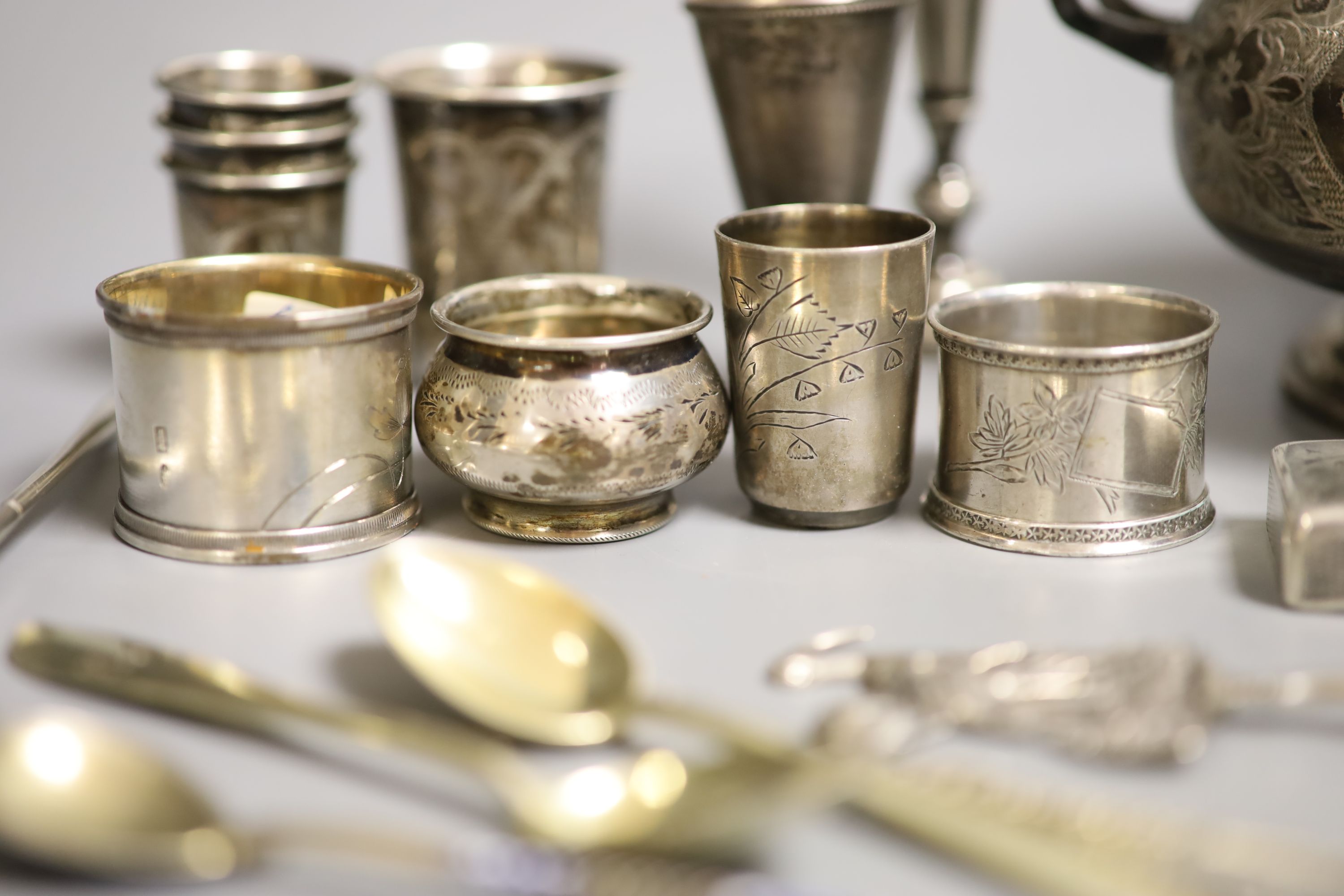 A late 19th century Russian 84 zolotnik two handled sugar bowl and cover and a small quantity of assorted Russian and Russian style items